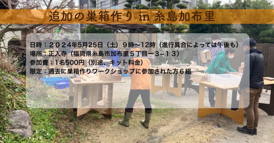 【追加製作】ニホンミツバチの巣箱作り　in 糸島加布里　２０２４年５月２５日（土）開催