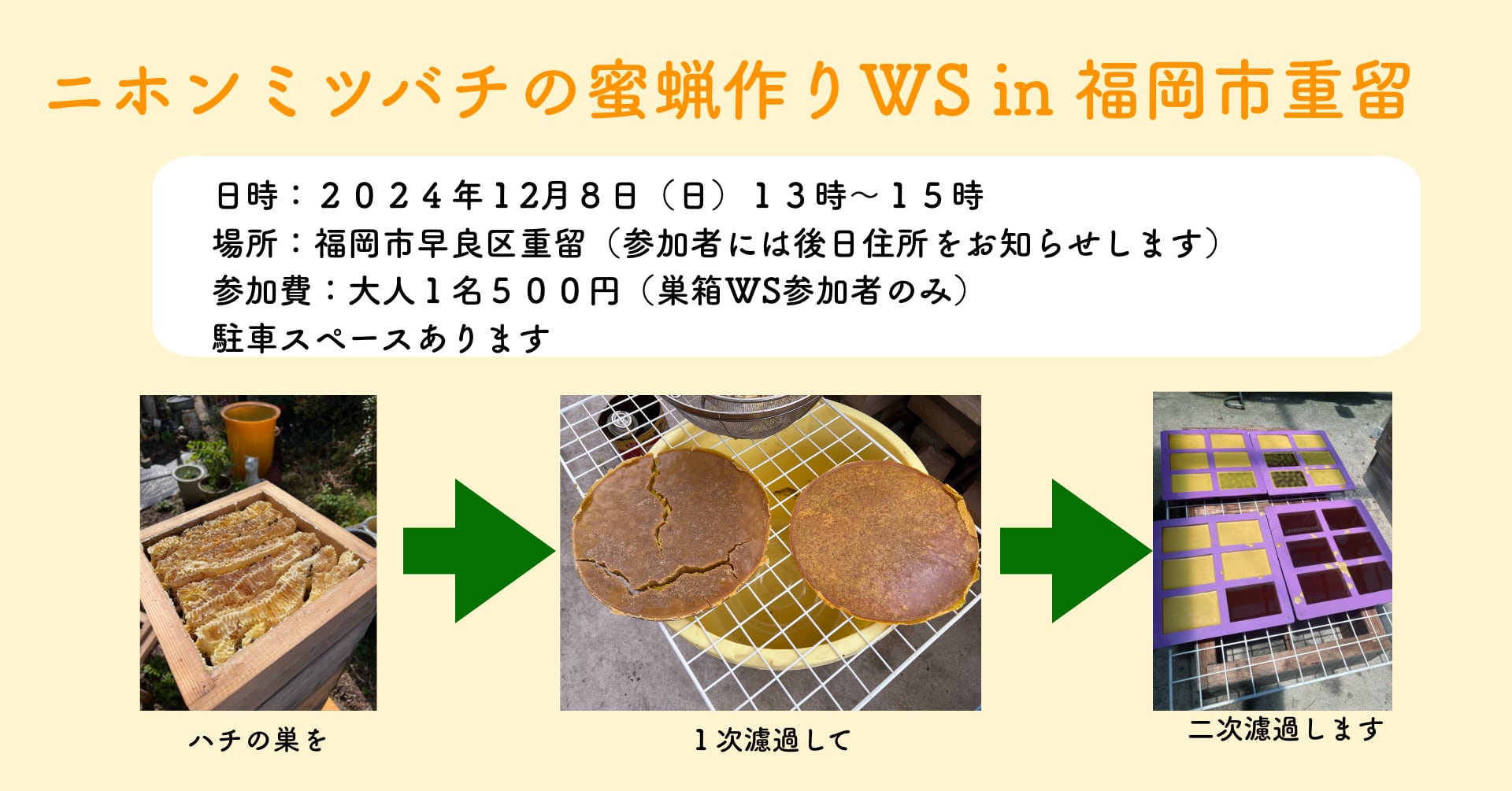 ミツロウ作り講習会　〜はちみつの絞りカスからミツロウブロックを作るまで！〜　福岡市早良区開催　巣箱作りワークショップ参加者のみ限定